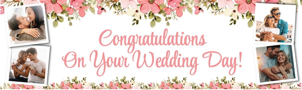 Personalised Wedding Banner - Congratulations Pink Floral - 4 Photo Upload