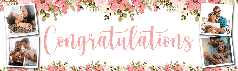 Personalised Wedding Banner - Congratulations Pink Floral - 4 Photo Upload