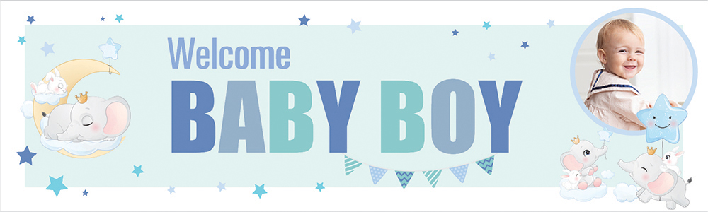 Personalised Welcome Baby Boy Banner - Blue & Baby Elephant - 1 Photo Upload