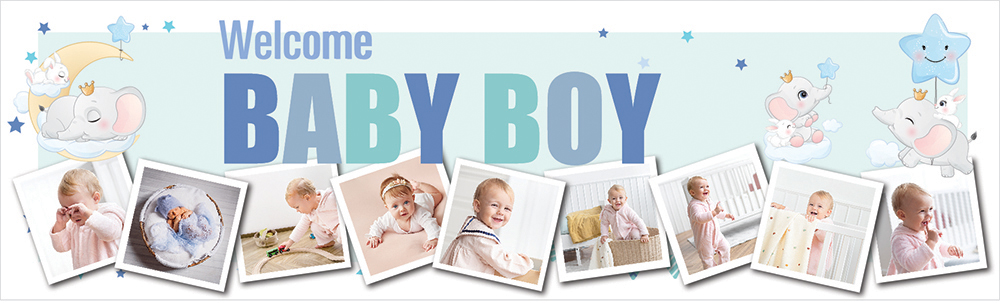 Personalised Welcome Baby Boy Banner - Blue & Baby Elephant - 9 Photo Upload