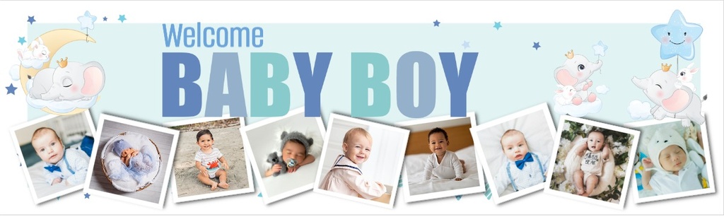 Personalised Welcome Baby Boy Banner - Blue & Baby Elephant - 9 Photo Upload