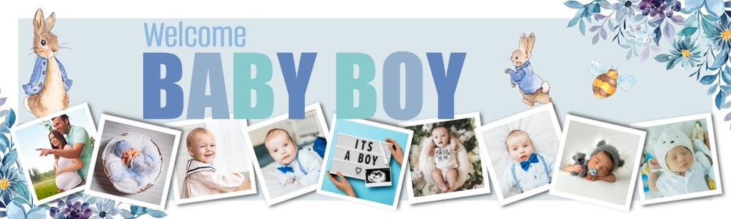 Personalised Welcome Baby Boy Banner - Blue Rabbit Floral - 9 Photo Upload