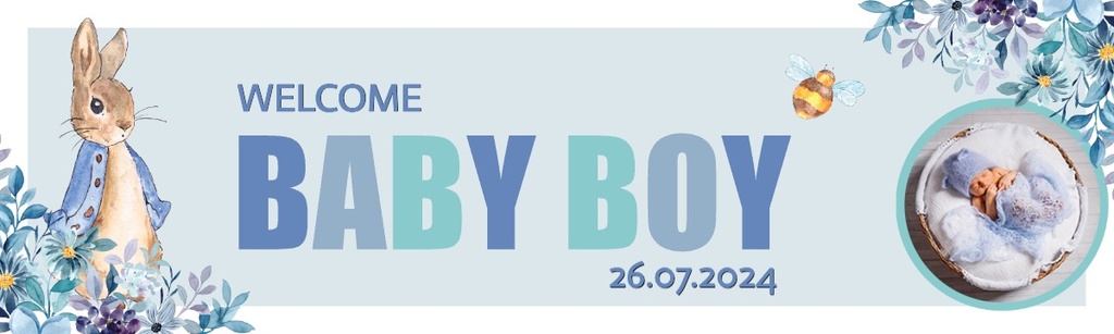 Personalised Welcome Baby Boy Banner - Blue Rabbit Floral - Custom Name & 1 Photo Upload