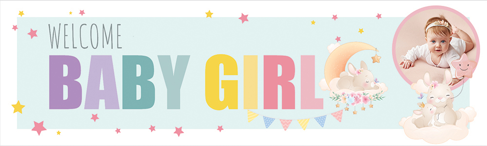 Personalised Welcome Baby Girl Banner - Bunny & Stars - 1 Photo Upload