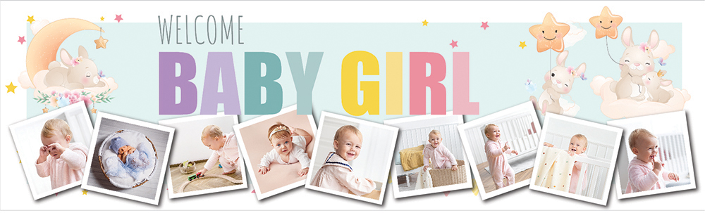 Personalised Welcome Baby Girl Banner - Bunny & Stars - 9 Photo Upload