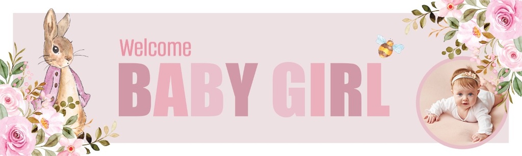 Personalised Welcome Baby Girl Banner - Pink Rabbit - 1 Photo Upload