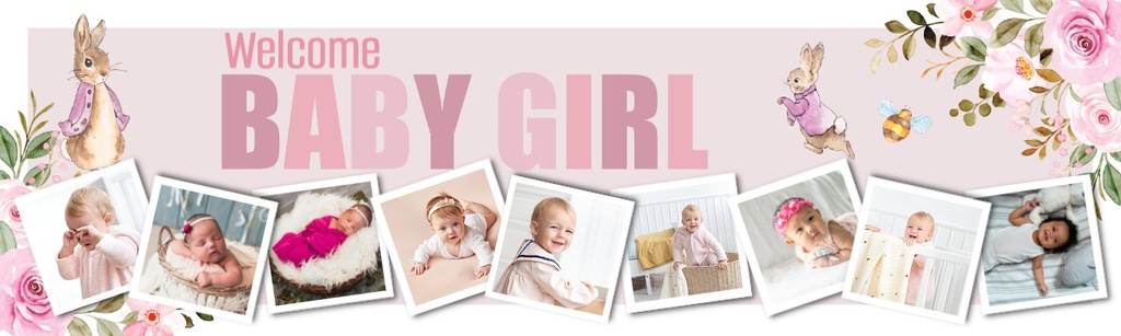 Personalised Welcome Baby Girl Banner - Pink Rabbit - 9 Photo Upload