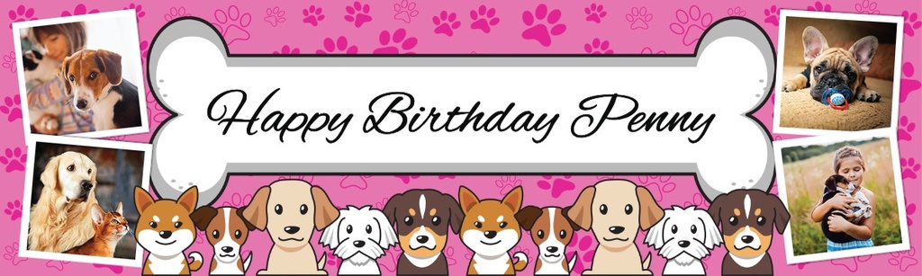 Personalised Pet Birthday Banner - Pink Dog and Bone - Add Text & 4 Photo Upload