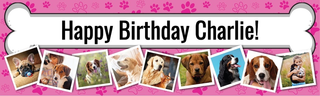 Personalised Pet Birthday Banner - Pink Dog and Bone - Add Text & 9 Photo Upload