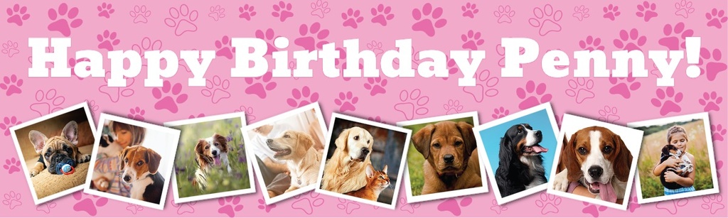 Personalised Pet Birthday Banner - Pink Paw Prints - Add Text & 9 Photo Upload