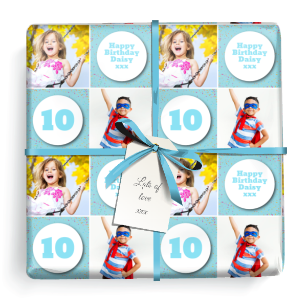 Personalised Birthday Gift Wrapping Paper - Blue Party Design- Upload 2 Photos & Add Age