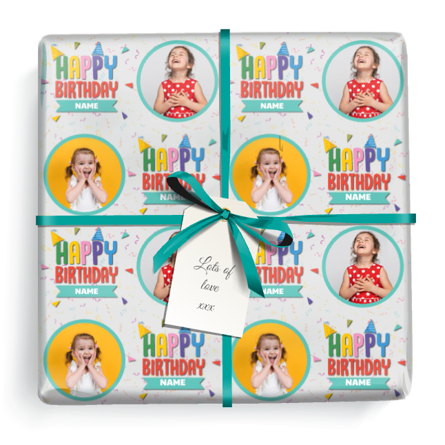 Personalised Birthday Gift Wrapping Paper - Green Party Design- Upload 2 Photos & Add Name