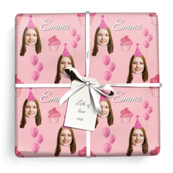 Personalised Birthday Gift Wrapping Paper - Pink Balloons Cupcake- Upload 1 Photo & Name