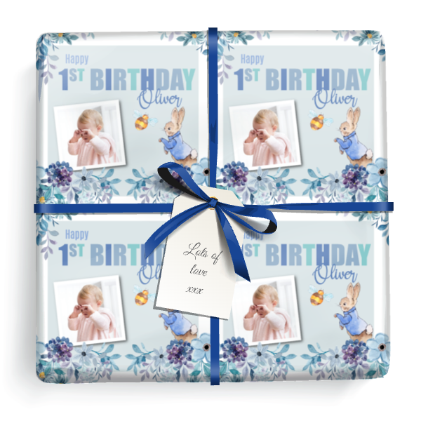 Personalised Party Gift Wrapping Paper - 1st Birthday Blue Rabbit - Upload Photo & Name