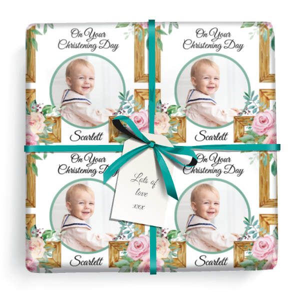 Personalised Christening Gift Wrapping Paper -  Pink & Green Floral - Add Name & 1 Photo