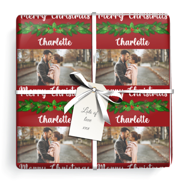 Personalised Christmas Gift Wrapping Paper - Merry Christmas Holly - 1 Photo & Name