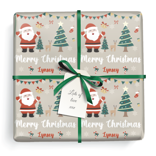 Personalised Christmas Gift Wrapping Paper - Santa & Tree - Add Name