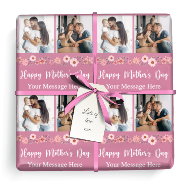 Personalised Mothers Day Gift Wrapping Paper - Pink Floral -  Upload 2 Photos & Add Text