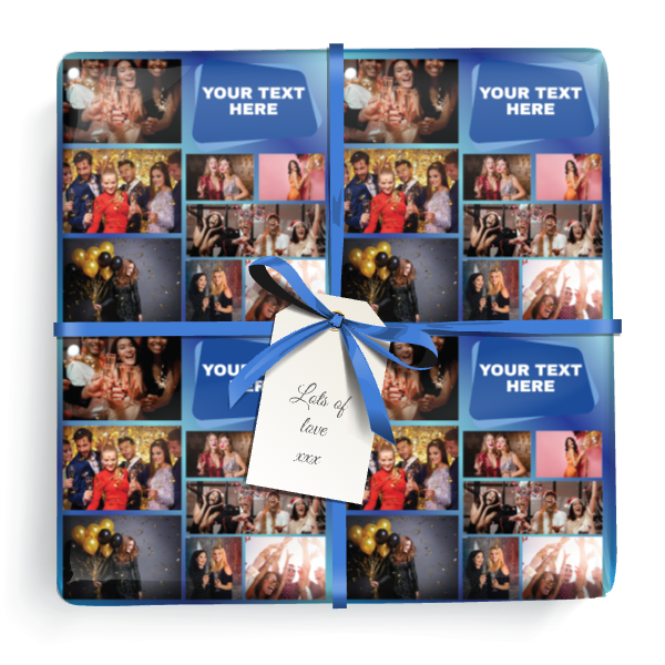 Personalised Party Gift Wrapping Paper -  Blue Design- Upload 9 Photos & Add Text & Name