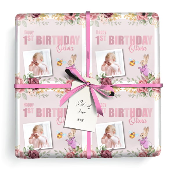 Personalised Party Gift Wrapping Paper - 1st Birthday Pink Rabbit - Upload Photo & Name