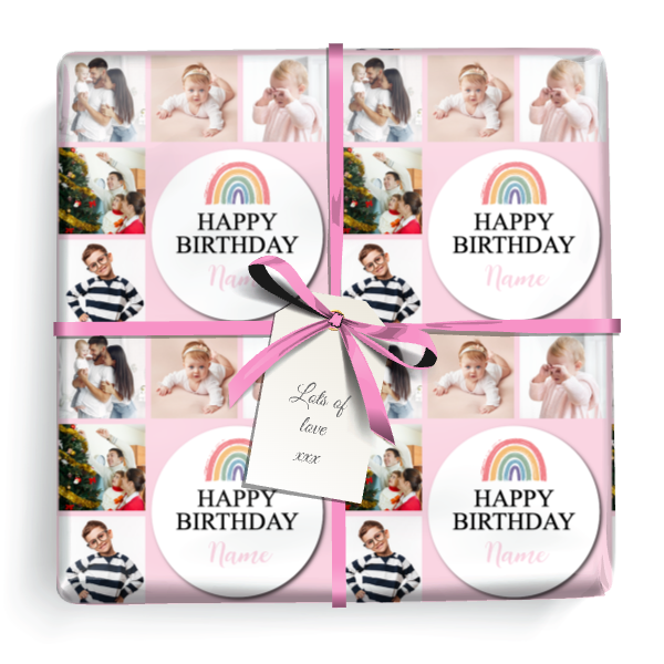 Personalised Birthday Gift Wrapping Paper - Pink Rainbow - 5 Photos & Name