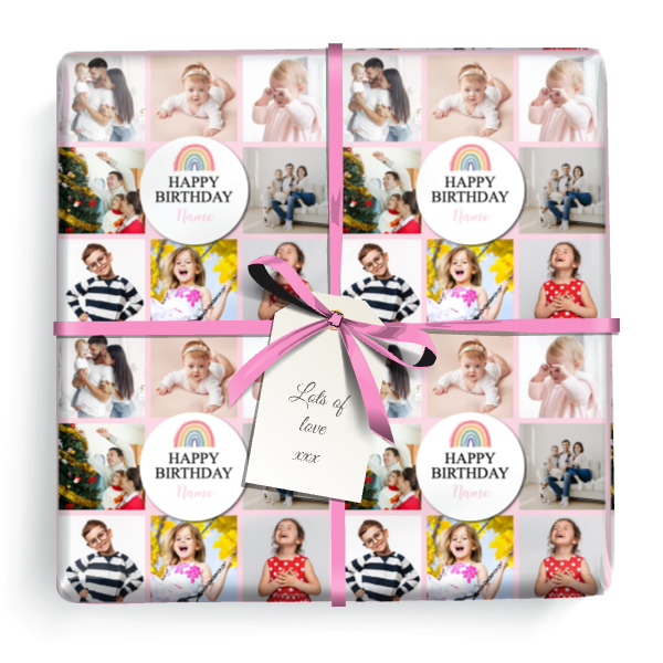 Personalised Birthday Gift Wrapping Paper - Pink Rainbow - 8 Photos & Name