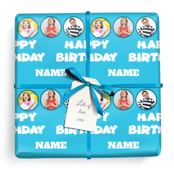 Personalised Party Gift Wrapping Paper - Blue Happy Birthday  - Upload 5 Photos