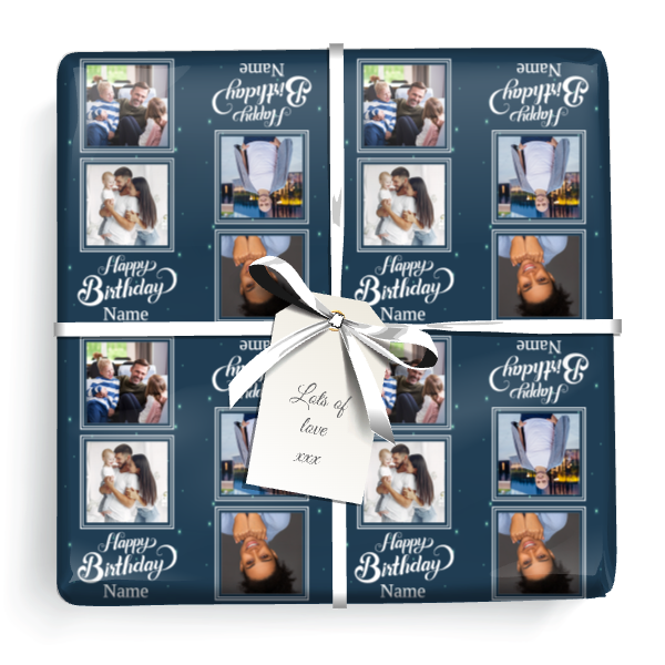 Personalised Party Gift Wrapping Paper - Blue Happy Birthday - Upload 4 Photo & Add Name