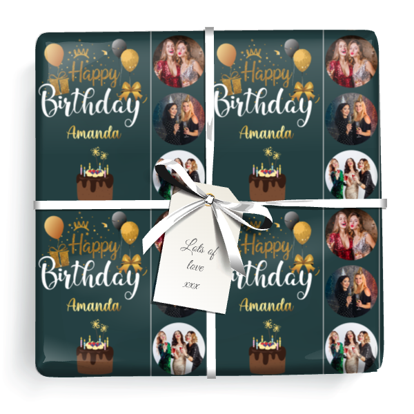 Personalised Party Gift Wrapping Paper - Green & Gold Happy Birthday - Upload 3 Photos & Add Name