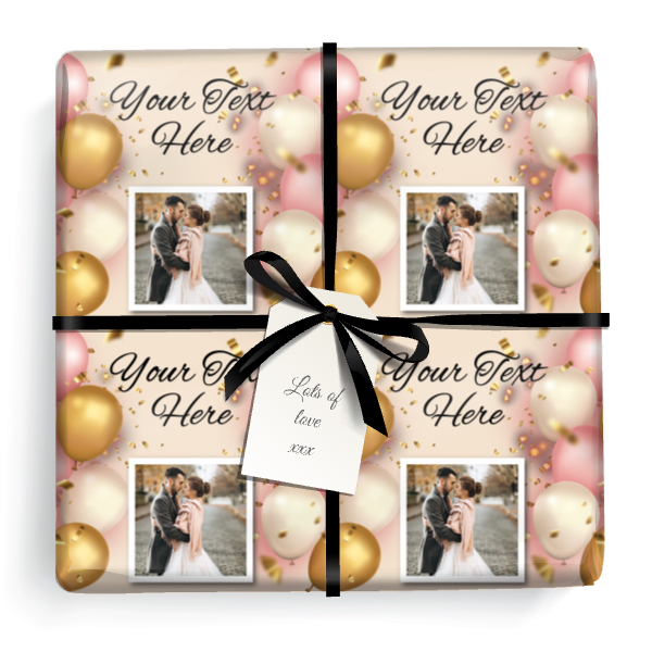 Personalised Party Gift Wrapping Paper - Pink Gold Balloons - Upload 1 Photo & Add Text