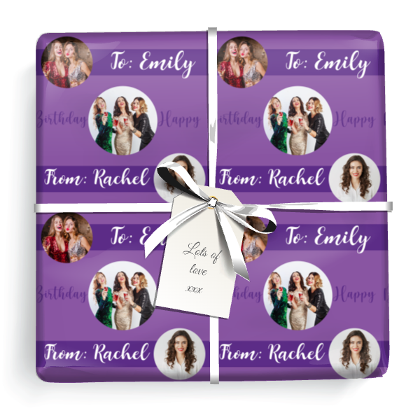 Personalised Party Gift Wrapping Paper - Purple Happy Birthday - Upload 3 Photos & Add Name