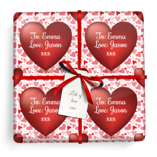 Personalised Valentines Gift Wrapping Paper - Red Love Heart -  Add Name