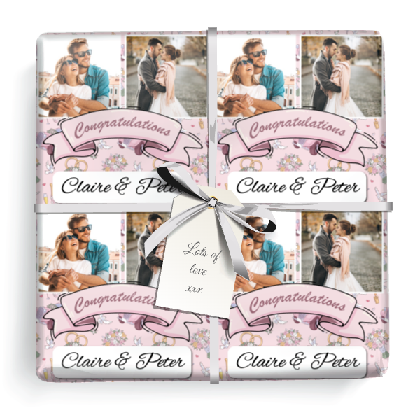 Personalised Wedding Gift Wrapping Paper - Pink Floral - Upload 2 Photo & Add Names