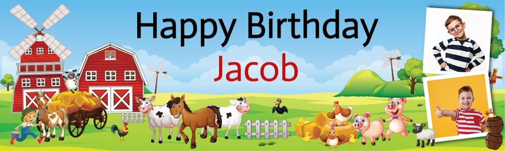 Personalised Birthday Banner - Farm Animals - 2 Photo Upload