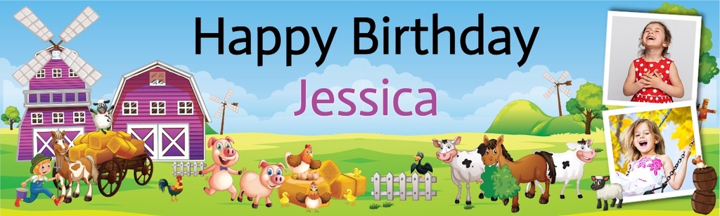 Personalised Birthday Banner - Farm Animal Scene - 2 Photo Upload