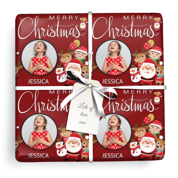 Personalised Christmas Gift Wrapping Paper - Red Santa & Friends - Add Name & 1 Photo