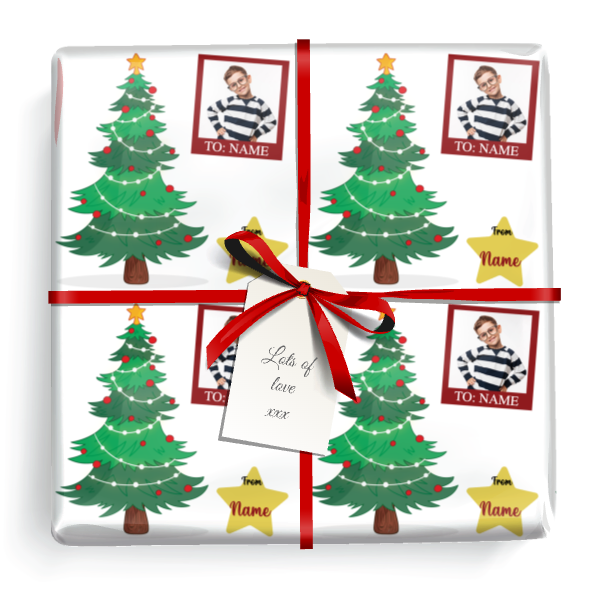 Personalised Christmas Gift Wrapping Paper - Xmas Tree - 1 Photo & Name