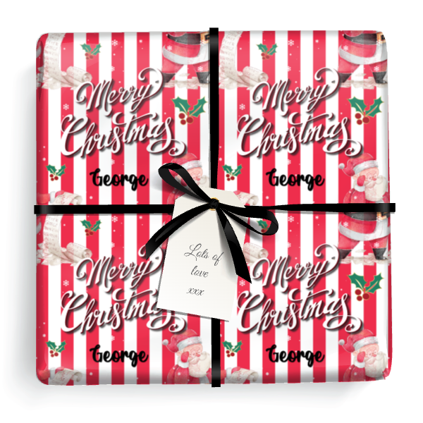 Personalised Christmas Gift Wrapping Paper - Red Stripe Santa - Add Name