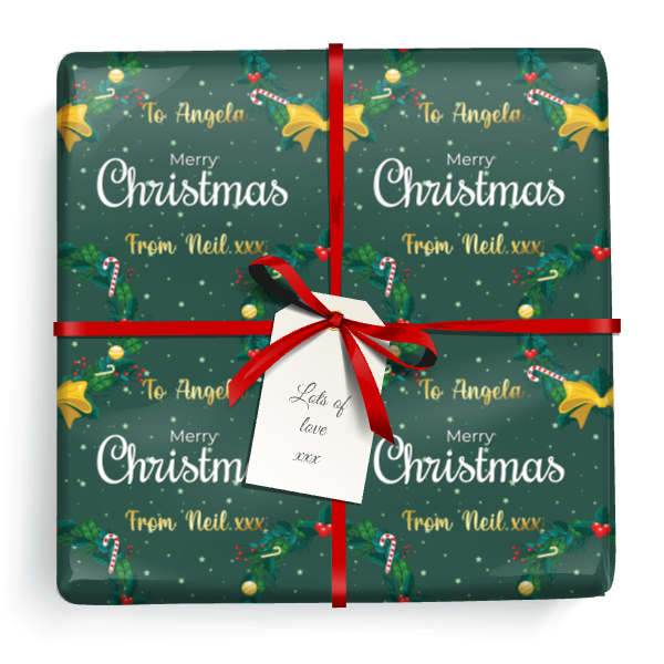 Personalised Christmas Gift Wrapping Paper - Green Merry Christmas - Add Name