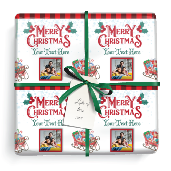 Personalised Christmas Gift Wrapping Paper - Holly & Sleigh - Add Text & 1 Photo