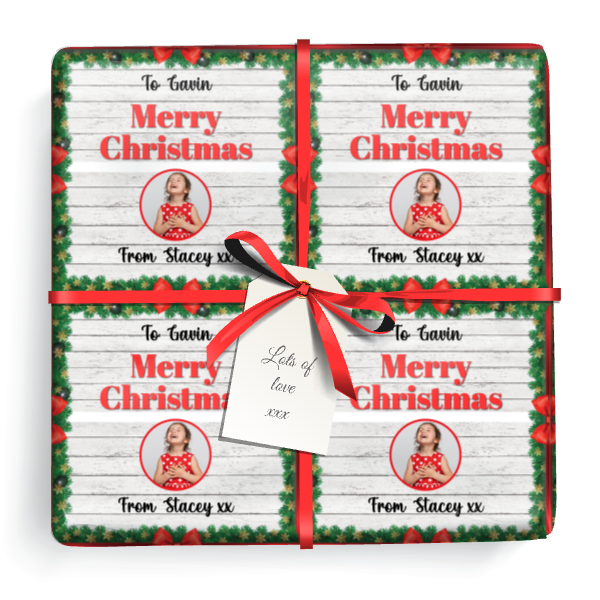 Personalised Christmas Gift Wrapping Paper - Holly & Sleigh - Add Text & 1 Photo (copy)