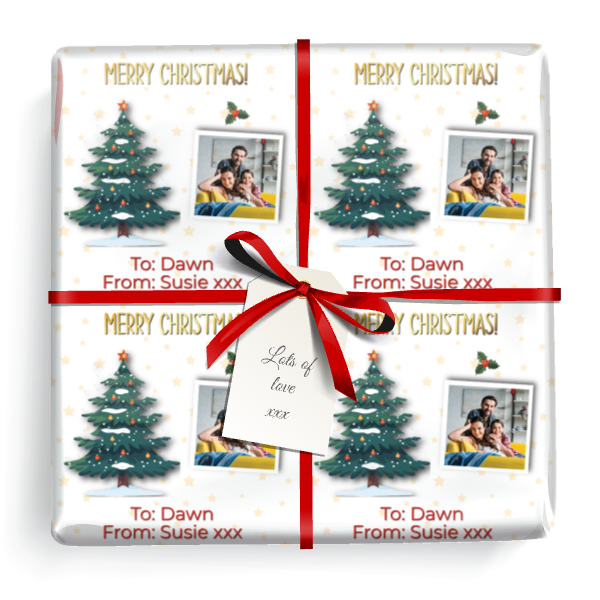 Personalised Christmas Gift Wrapping Paper - Xmas Tree - Add Name & 1 Photo