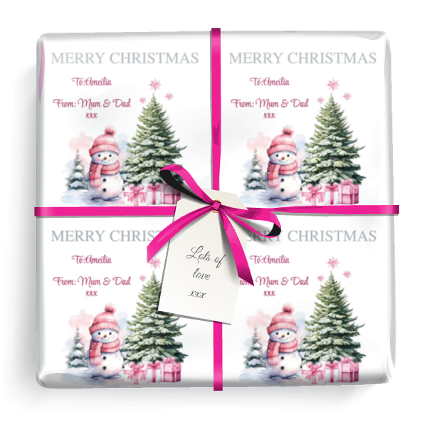 Personalised Christmas Gift Wrapping Paper - Pink Snowman & Tree - Add Name