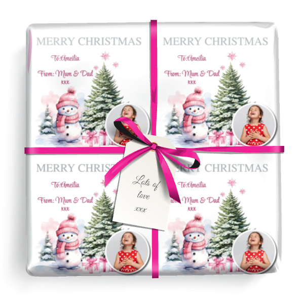 Personalised Christmas Gift Wrapping Paper - Pink Snowman & Tree - Add Name & 1 Photo