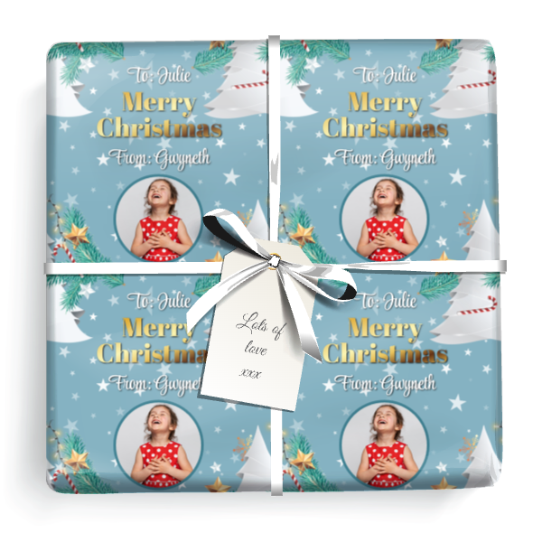 Personalised Christmas Gift Wrapping Paper - White Tree & Stars - Add Name & 1 Photo