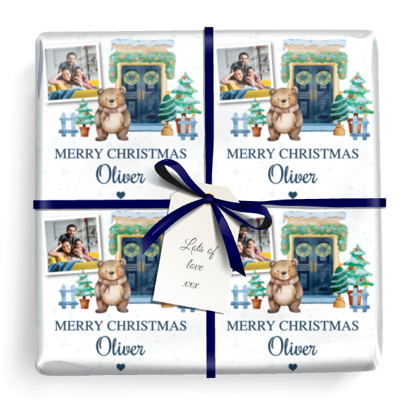 Personalised Christmas Gift Wrapping Paper - Xmas Tree & Bear - Add Name & 1 Photo