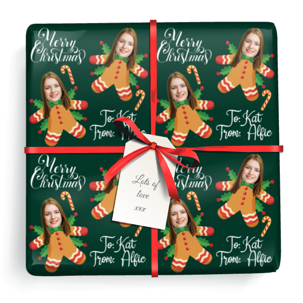 Personalised Christmas Gift Wrapping Paper - Gingerbread Man - Add Photo & Name