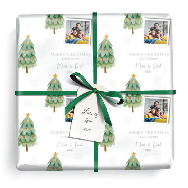 Personalised Christmas Gift Wrapping Paper - Snowflakes & Tree - Add Text & 1 Photo