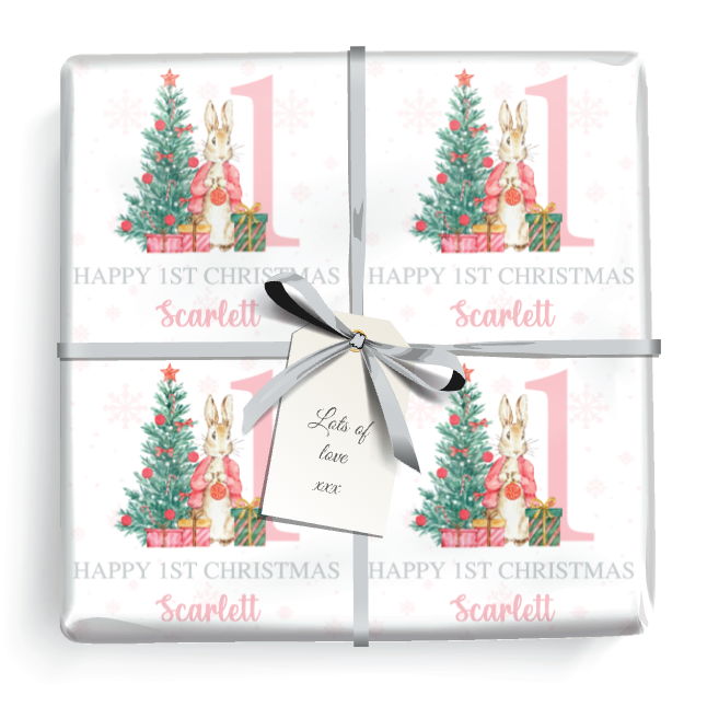 Personalised 1st Christmas Gift Wrapping Paper - Pink Rabbit & Tree - Add Name