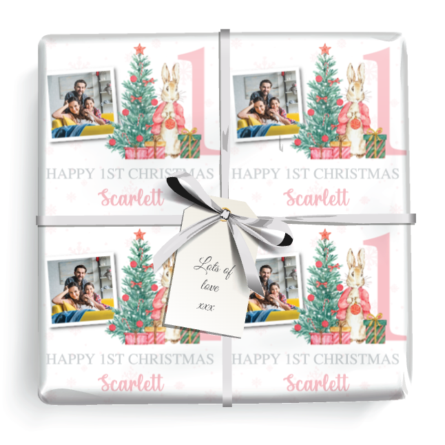 Personalised 1st Christmas Gift Wrapping Paper - Pink Rabbit & Tree - Add Name & Photo